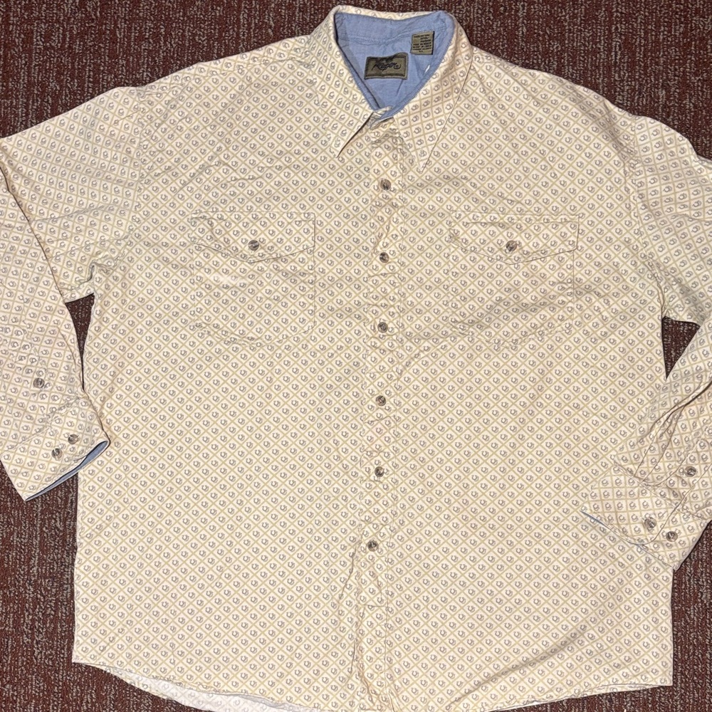 Vintage Roper Cream and Blue Patterned Button Down Shirt horseshoe diamond XL